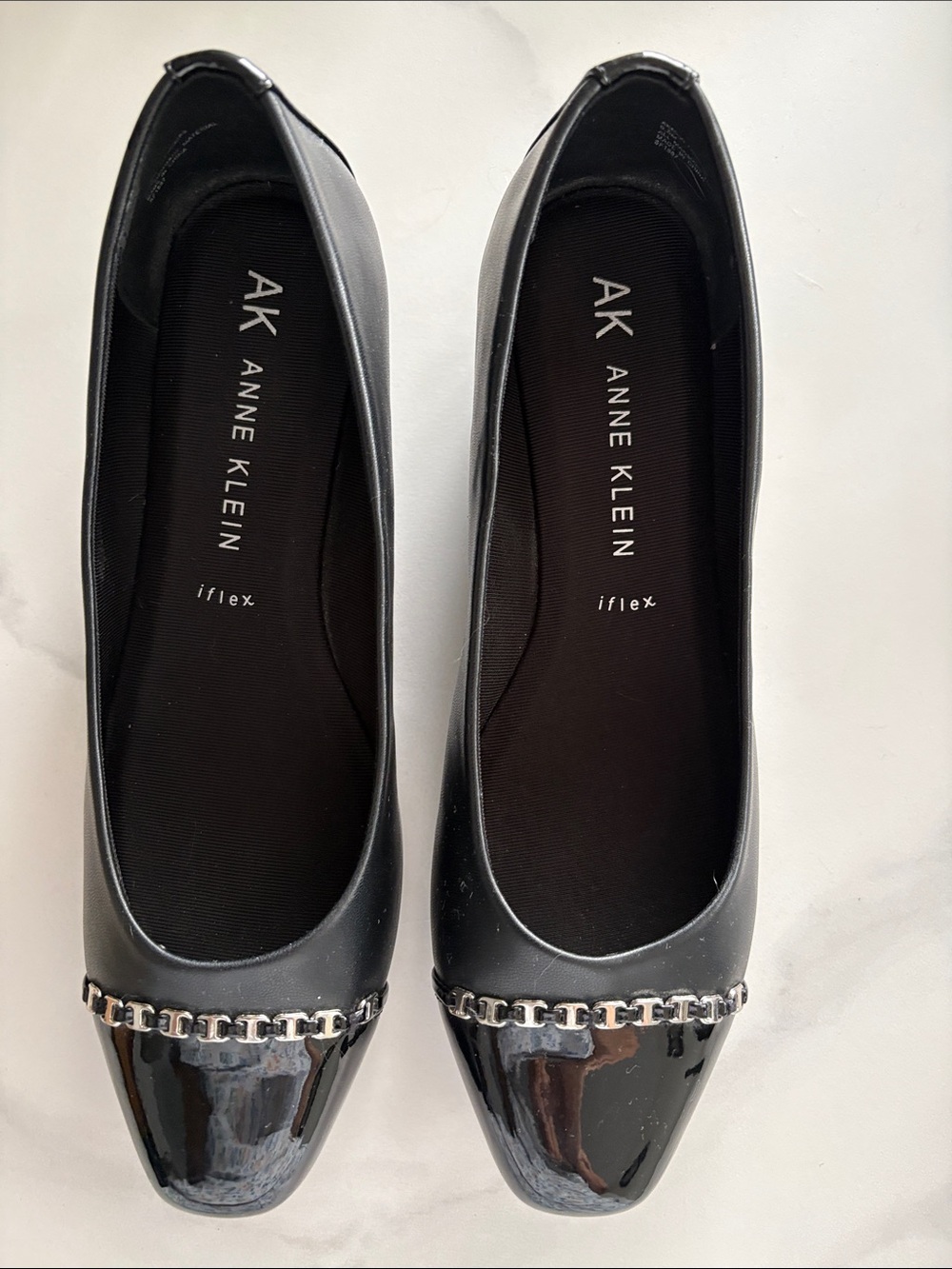 Anne Klein Black Patent Flats with Silver Chain Accent